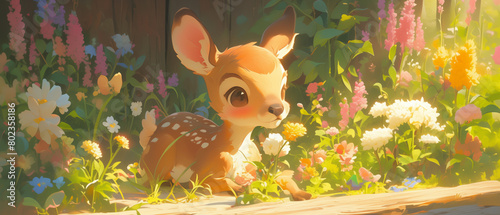 A deer fawn exploring a flower garden