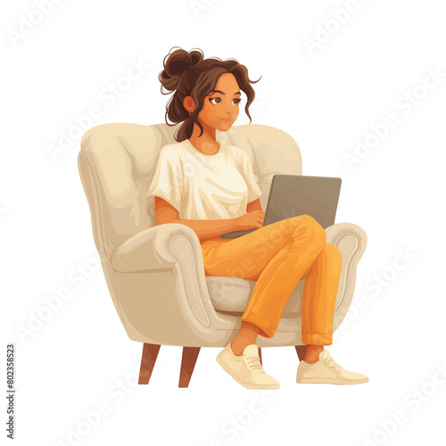 A woman is sitting in an armchair with a laptop, a flat illustration isolated on a white background