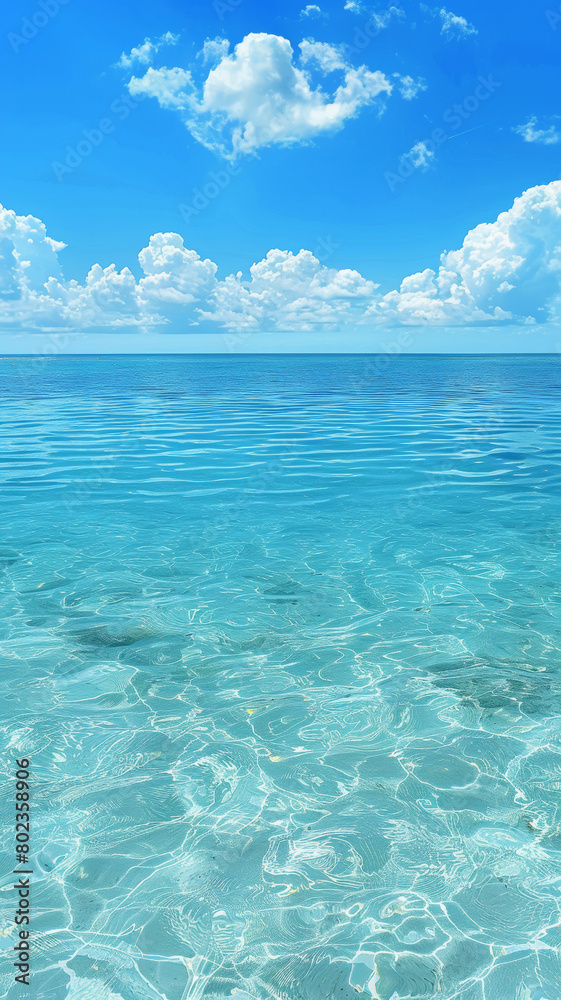 The ocean is calm and clear, with a few clouds in the sky