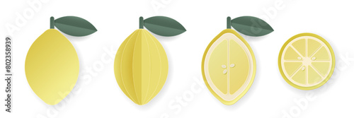 Set of 3d papercut lemon sliced cutout citrus fruit. Summer layered fruits. Juicy food elements for restaurant, food, drinks, bars, recipes, summer, sweets, vegan, social media, presentation design.