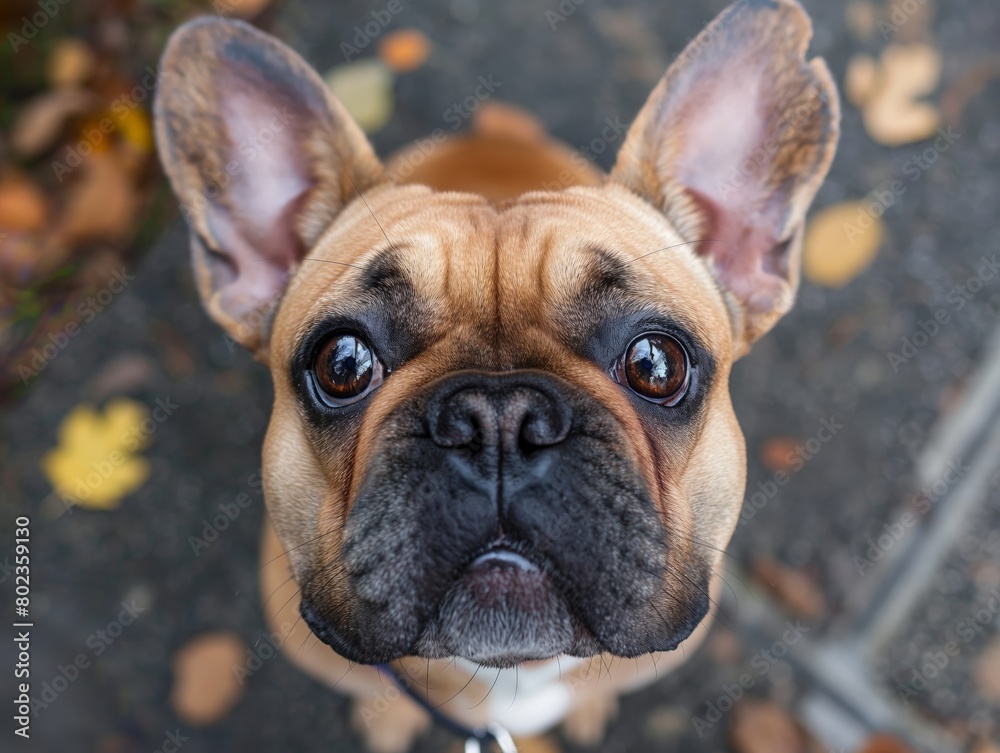 Cute French bulldog looking upwards with expressive eyes amidst autumn leaves.