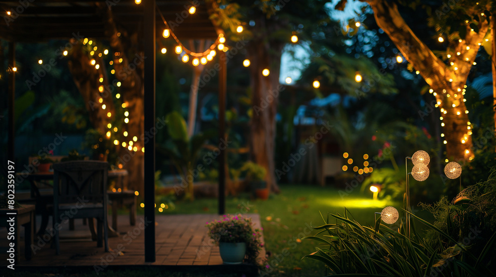 Obraz premium Cozy Backyard Evening with String Lights and Garden View
