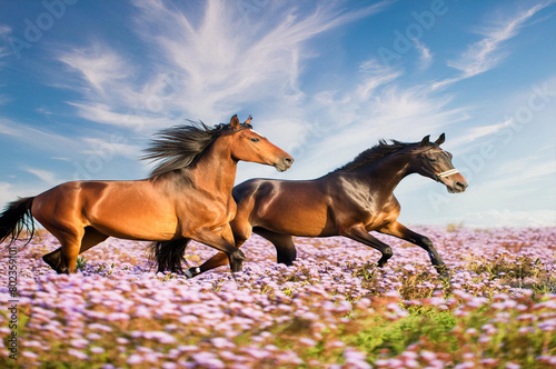 Two beautiful horse run gallop on flowers field with blue sky behind
