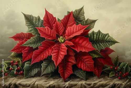 Christmas flower poinsettia with red leaves and berries, illustration