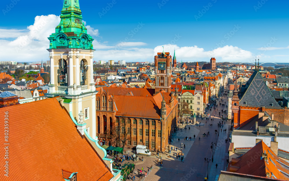 Aerial panoramic view of historical buildings and roofs in Polish medieval town Torun