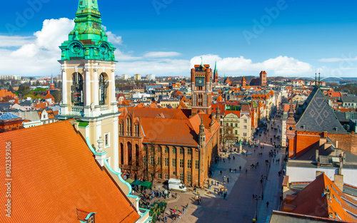 Aerial panoramic view of historical buildings and roofs in Polish medieval town Torun