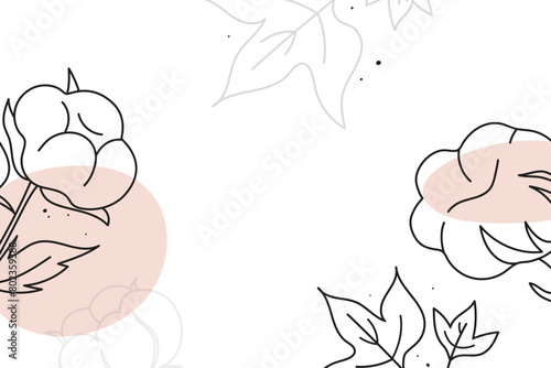 Background vertical with branches of natural organic cotton plant with leaves drawn in black outline on a white background with pink spots. Flat doodle style. Vector illustration.