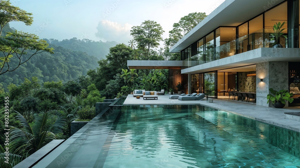 Luxury modern house with large outdoor pool surrounded by green trees and vegetation. Generative ai