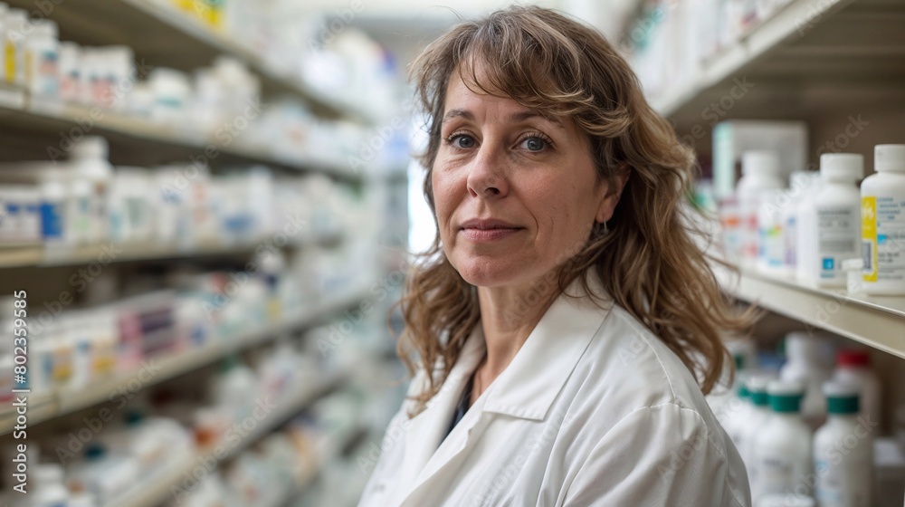 pharmacy clerk, their focused gaze and professional demeanor taking center stage against a minimalist backdrop with pills. Generative ai pharmacy clerk, their focused gaze and professional demeanor taking center stage against a minimalist backdrop with pills. Generative ai