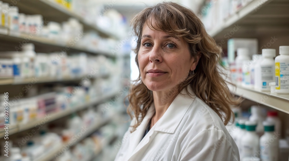 pharmacy clerk, their focused gaze and professional demeanor taking center stage against a minimalist backdrop with pills. Generative ai