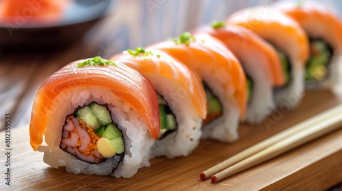 Savory Delight: Sushi Rolls Ready for Chopsticks. Perfect for promoting sushi restaurants or tempting viewers with a delightful meal. Generative ai