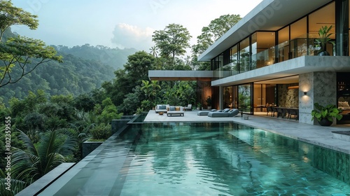 Luxury modern house with large outdoor pool surrounded by green trees and vegetation. Generative ai