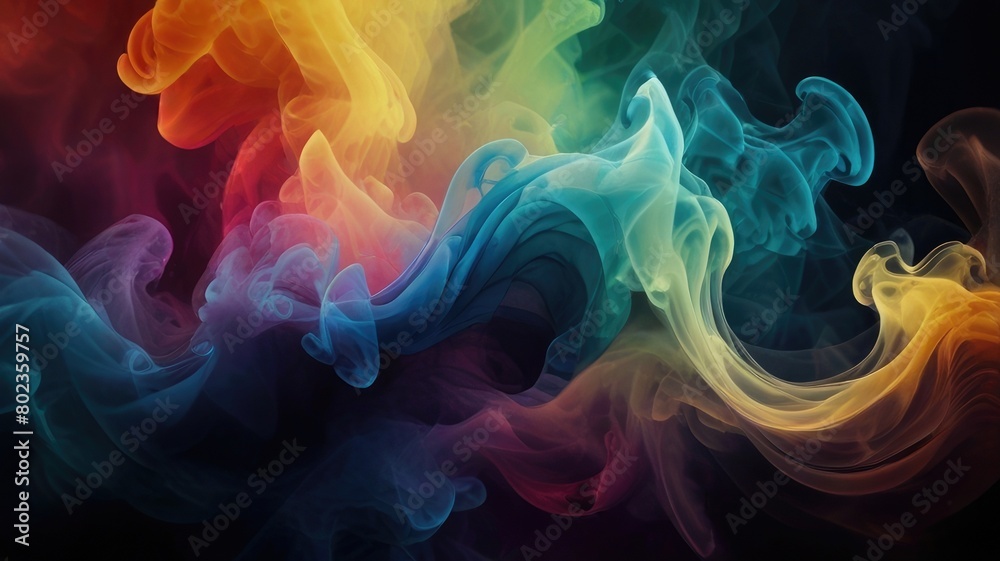 Dynamic dance of colorful smoke. Abstract waves of colored smoke. Flowing colored smoke background. rainbow smoke, paint explosion, color fume powder splash, motion of liquid ink dye in water