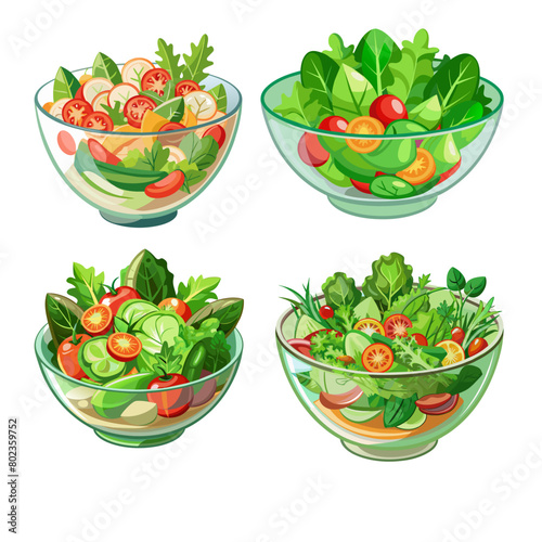 Set of green salad of fresh vegetables in transparent salad bowl on white background
