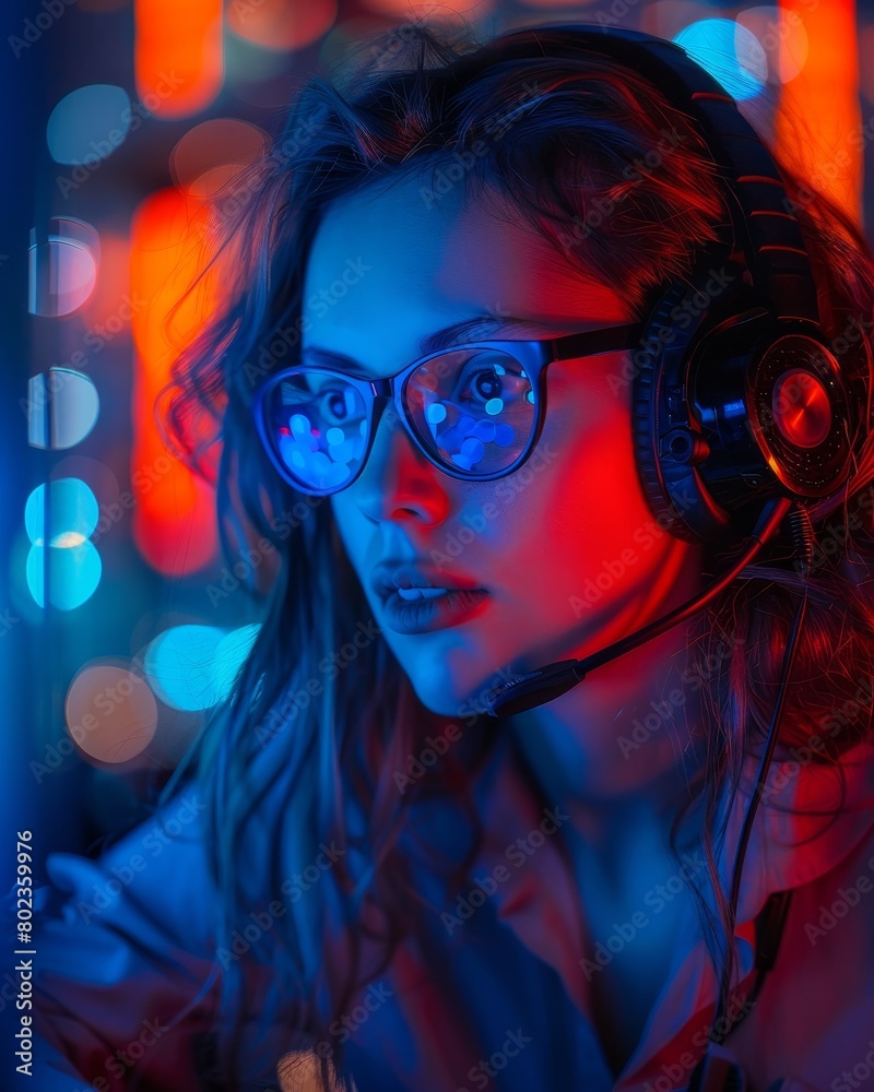 A woman wearing glasses and a headset is looking at a computer screen A woman wearing glasses and a headset is looking at a computer screen