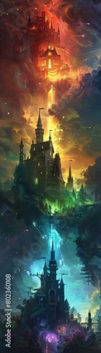 A colorful fantasy scene with three castles