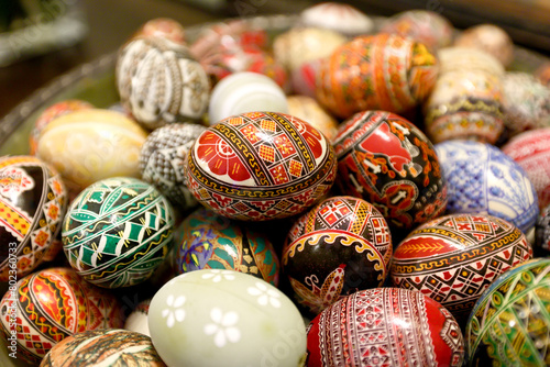 Traditional hand made painted Easter eggs presented at a fair of popular traditions. This eggs are painted with traditional motifs from Bukovina. © Silviu