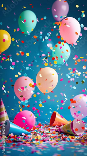 birthday background with confetti rain and ballons 