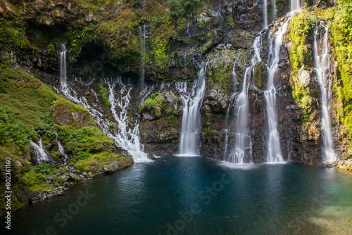 Rainforest waterfall flowing over rocks, Reunion Island