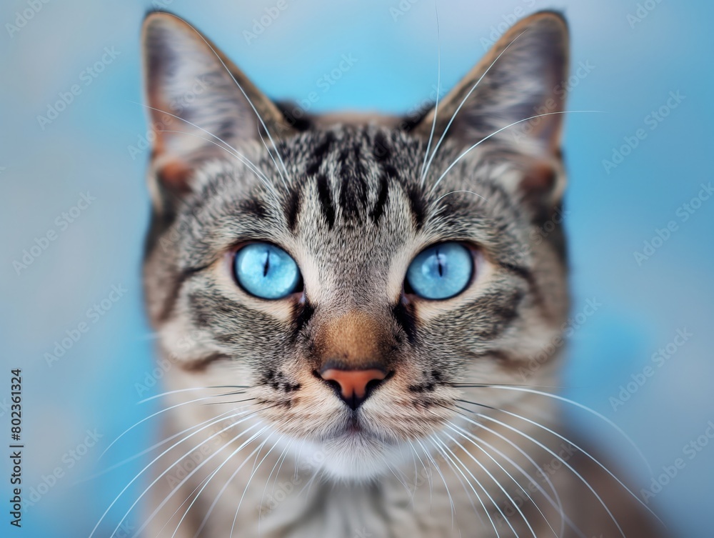 A detailed close-up capturing the intense blue eyes and facial features of a tabby cat with a blurred blue background.
