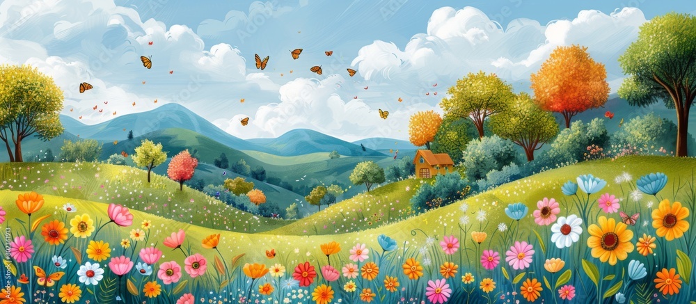 Colorful Brazilian landscape illustration, butterflies, children's day flower viewing, playing, happy pastoral style, beautiful, outdoor，Joyful Children Celebrating Brazilian Landscape with Colorful 