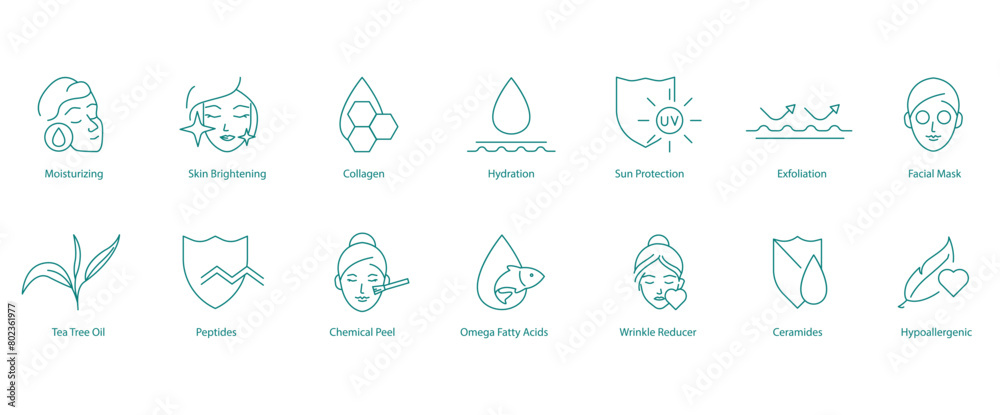 Naklejka premium Moisturizing, Skin Brightening, Collagen, Hydration, Sun Protection, Exfoliation, Facial Mask, Vitamin C, Anti-Aging, Acne Treatment, Tea Tree Oil, Peptide, Chemical Peeling Vector Icons Collection