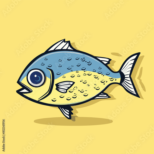 Colorful cartoon fish with blue and yellow scales on a yellow background. photo