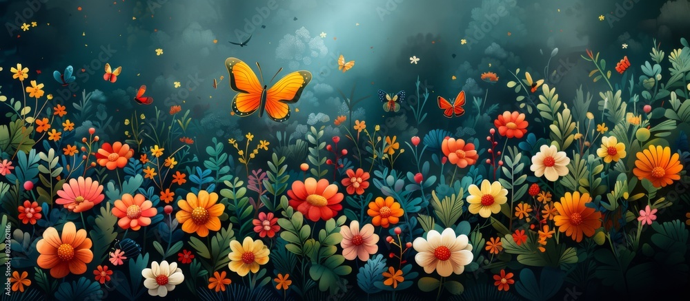 Colorful Brazilian landscape illustration, butterflies, children's day flower viewing, playing, happy pastoral style, beautiful, outdoor，Joyful Children Celebrating Brazilian Landscape with Colorful 