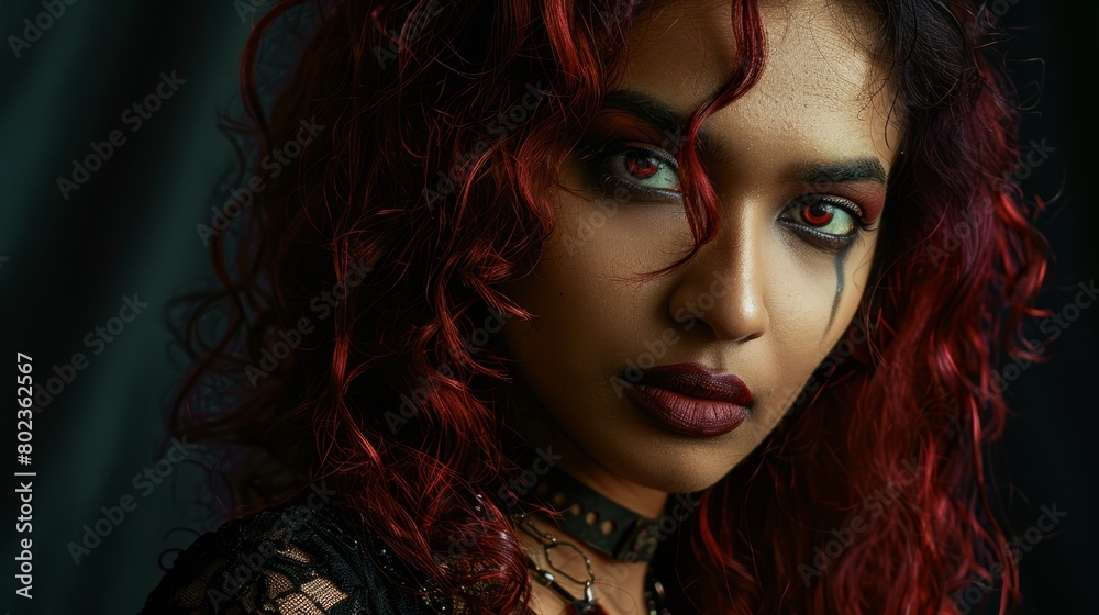 Teen Indian Woman with Red Curly Hair Goth style Illustration. Teen Indian Woman with Red Curly Hair Goth style Illustration.