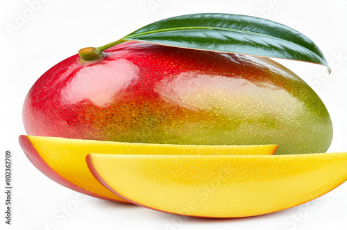 Isolated mango. Fresh organic mango with leaves isolated clipping path. Mango macro studio photo.
