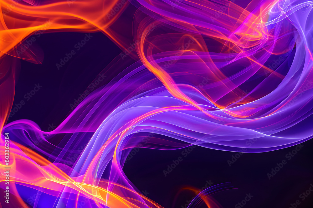 Neon cyan swirls blending into neon purple waves on a neon orange backdrop. Abstract neon art on black background.