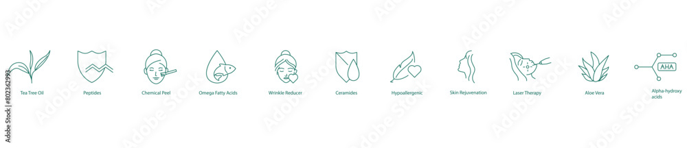 Targeted Skin Therapy Icons: tea tree Oil, Peptide, Chemical Peel, Omega Fatty Acid, Wrinkle Reducer, Ceramide, Hypoallergenic, Skin Rejuvenation, Laser Therapy, Aloe Vera, Alpha Hydroxy Acid Targeted Skin Therapy Icons: tea tree Oil, Peptide, Chemical Peel, Omega Fatty Acid, Wrinkle Reducer, Ceramide, Hypoallergenic, Skin Rejuvenation, Laser Therapy, Aloe Vera, Alpha Hydroxy Acid