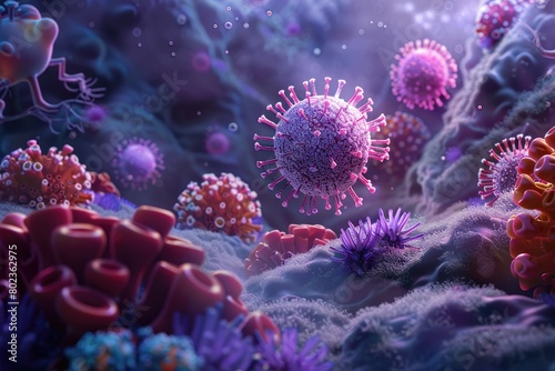 Subtly lit 3D depiction of a viral infection process, showing a virus penetrating a human cell in a shadowy environment,