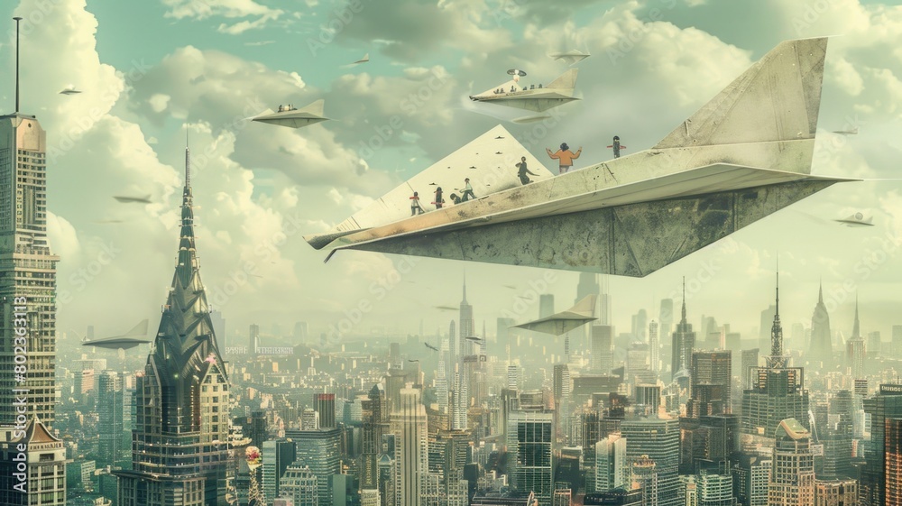Surreal artwork showing a giant paper airplane flying over a cityscape, with tiny people riding on top, blending reality with fantasy in a whimsical,
