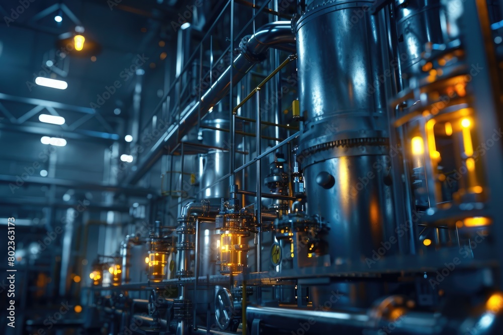 Dark 3D visualization of a chemical distillation process, equipment glowing under focused, atmospheric lights,