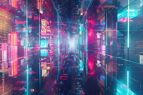 A futuristic background with a mirrored surface reflecting a distorted, colorful neon cityscape, giving an illusion of depth and complexity.