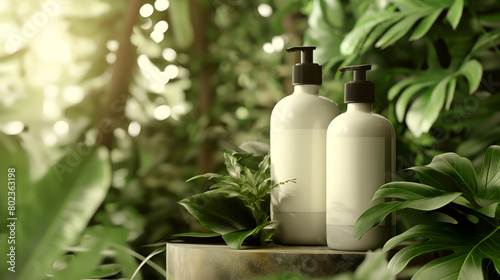 two bottles of shampoo and conditioner mock up amongst the tropical plants, 3d concept for product design mock up, suitable for skincare product, 