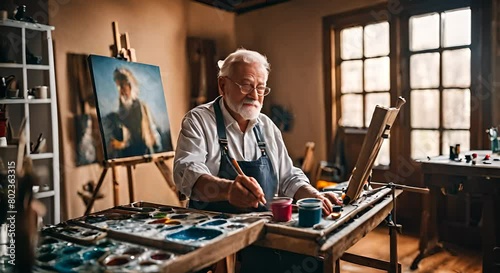 Senior man painting a picture. photo