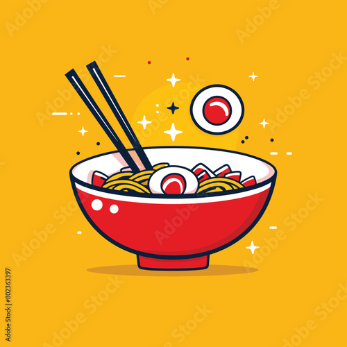 Illustration of a red bowl with noodles and chopsticks on a yellow background.