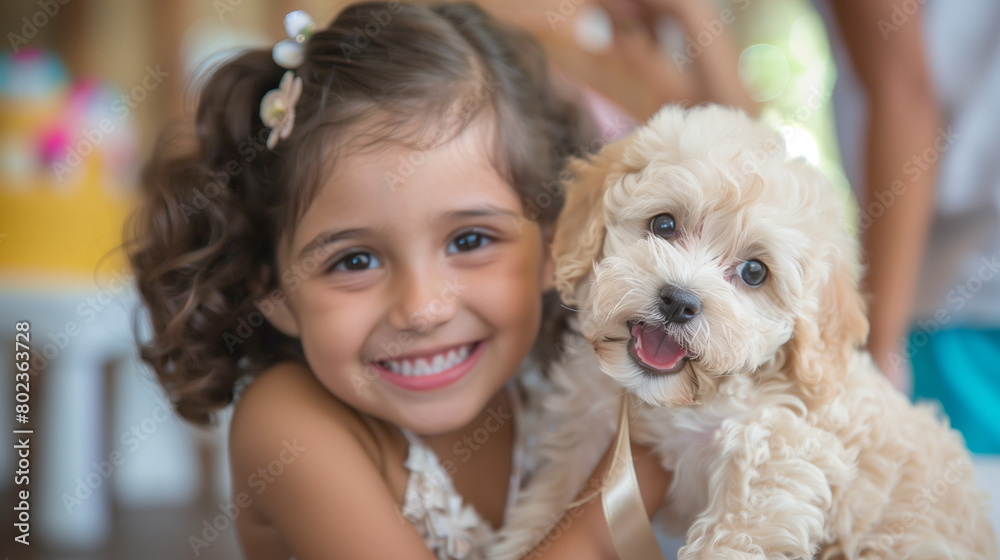 A little girl smiling with her puppy at birthday party A little girl smiling with her puppy at birthday party