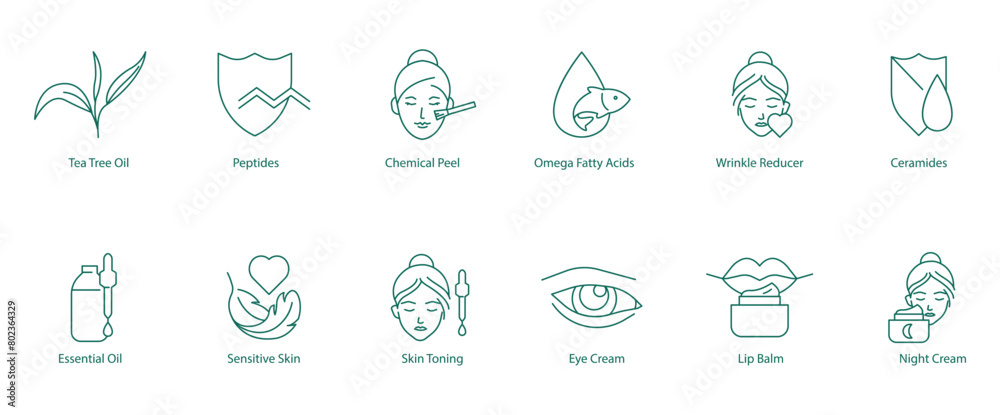 Skincare Ingredients Icon Set: Tea Tree Oil, Peptides, Chemical Peel, Omega Fatty Acids, Wrinkle Reducer, Ceramides, Essential Oil, Sensitive Skin, Skin Toning, Eye Cream, Lip Balm Skincare Ingredients Icon Set: Tea Tree Oil, Peptides, Chemical Peel, Omega Fatty Acids, Wrinkle Reducer, Ceramides, Essential Oil, Sensitive Skin, Skin Toning, Eye Cream, Lip Balm