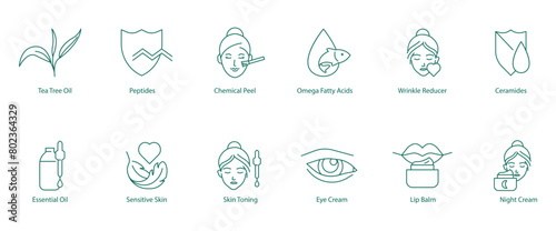 Skincare Ingredients Icon Set: Tea Tree Oil, Peptides, Chemical Peel, Omega Fatty Acids, Wrinkle Reducer, Ceramides, Essential Oil, Sensitive Skin, Skin Toning, Eye Cream, Lip Balm