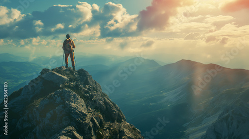 Hiker reaching the summit of a mountain