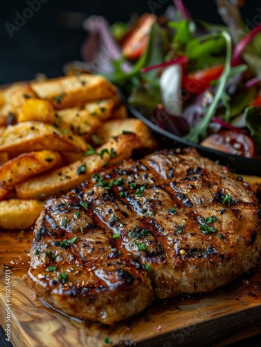 Grilled Steak and French Fries on Cutting Board