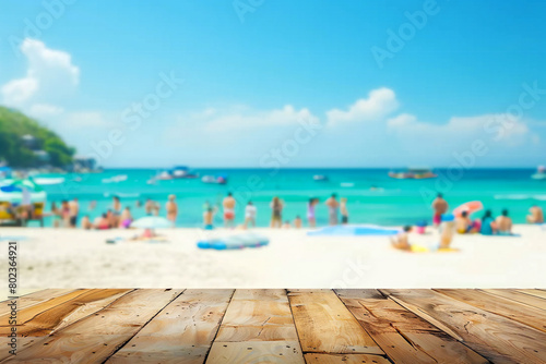 Summer holiday concept  Wooden table with the beach  background