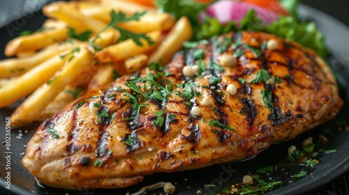Close Up of Grilled Chicken Chop With French Fries
