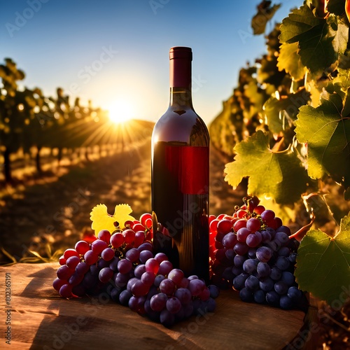 aged bottle of wine glowing under the low sun with a vineyard in the background