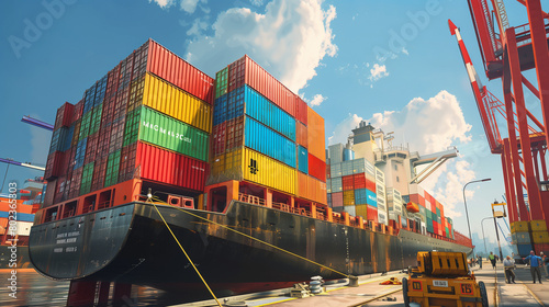 A photorealistic image of a large cargo ship loaded with colorful containers, docked at a busy port. The scene is vibrant with workers and cranes in the background, Generative AI