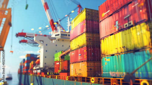 A photorealistic image of a large cargo ship loaded with colorful containers, docked at a busy port. The scene is vibrant with workers and cranes in the background, Generative AI