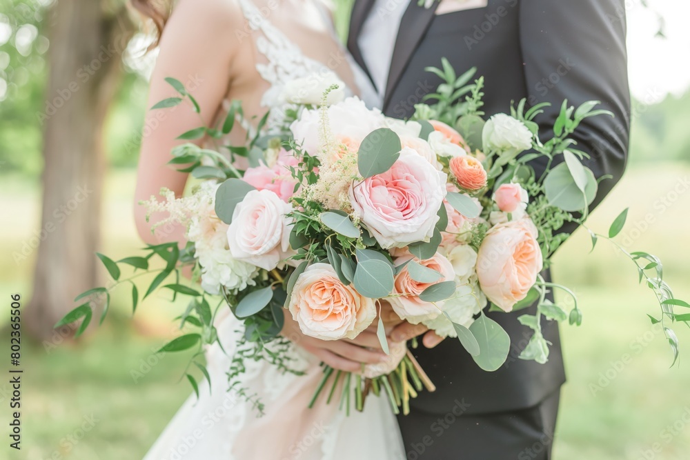 close-up shot of the bride's bouquet, showcasing pastel flowers . bride holding it in hand, standing next to the groom close-up shot of the bride's bouquet, showcasing pastel flowers . bride holding it in hand, standing next to the groom